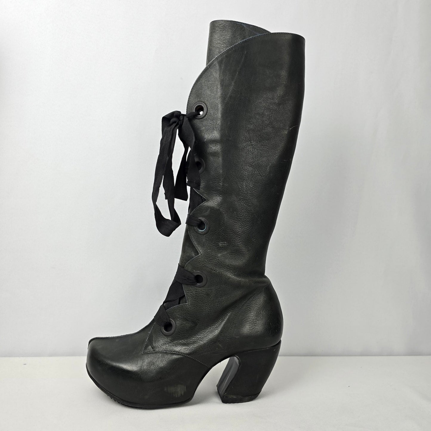 John Fluevog Grey Leather Prepare Compass Platform Lace-up Boots Size 10
