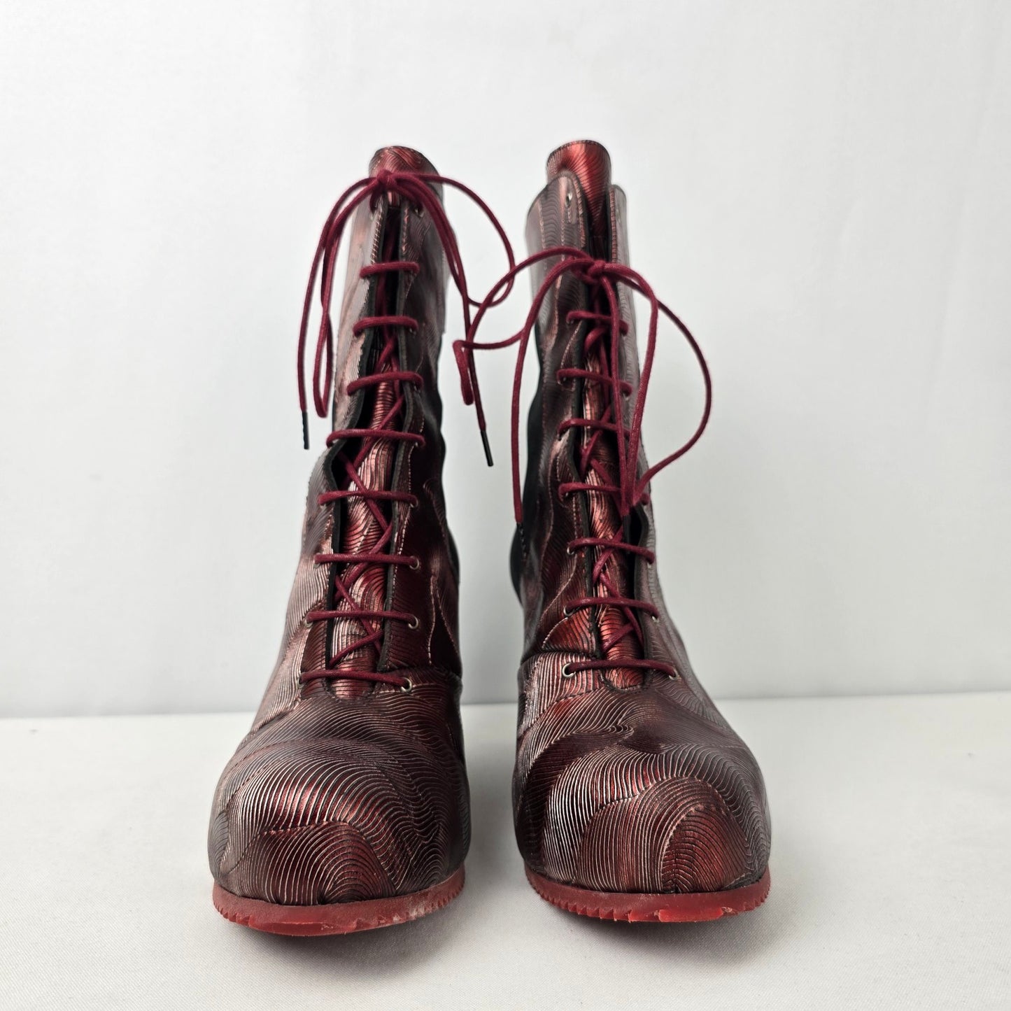 John Fluevog Conquer Sofia  Burgundy Leather & Suede Lace-up Wedge Size 10