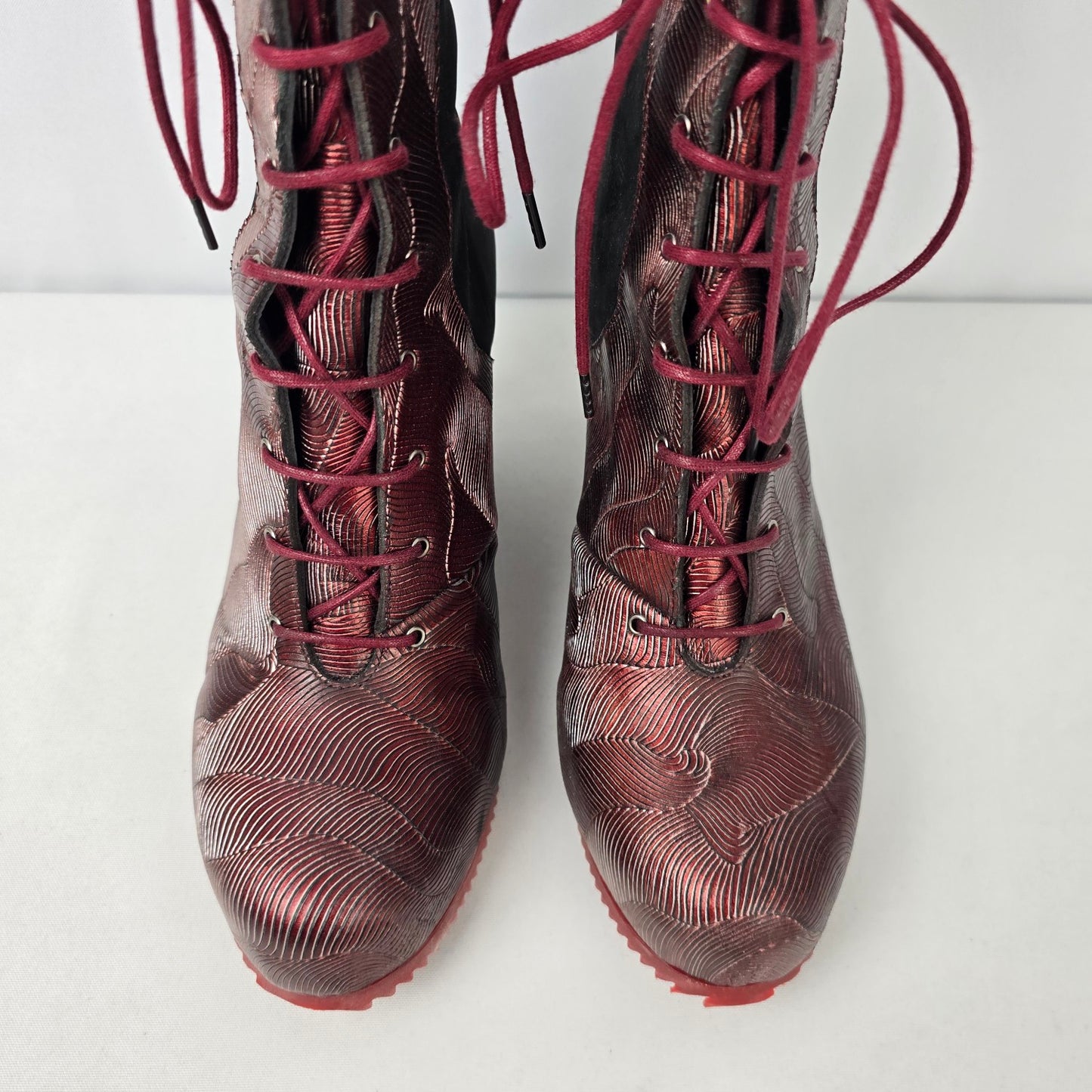 John Fluevog Conquer Sofia  Burgundy Leather & Suede Lace-up Wedge Size 10