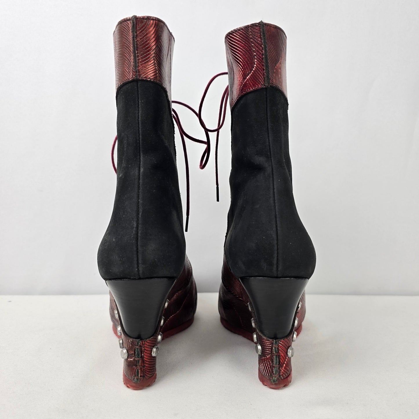 John Fluevog Conquer Sofia  Burgundy Leather & Suede Lace-up Wedge Size 10