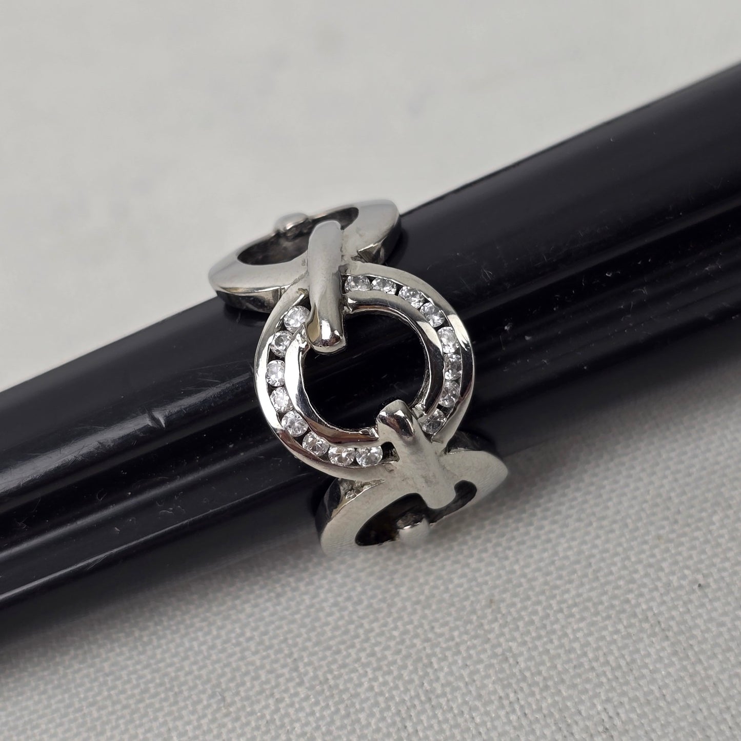 Steel X Silver Crystal Circle Ring Size 6