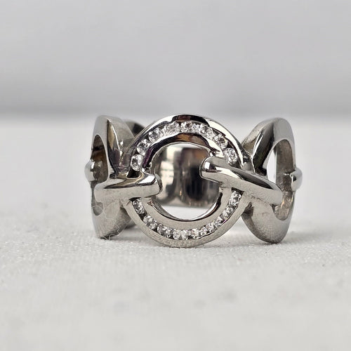 Steel X Silver Crystal Circle Ring Size 6