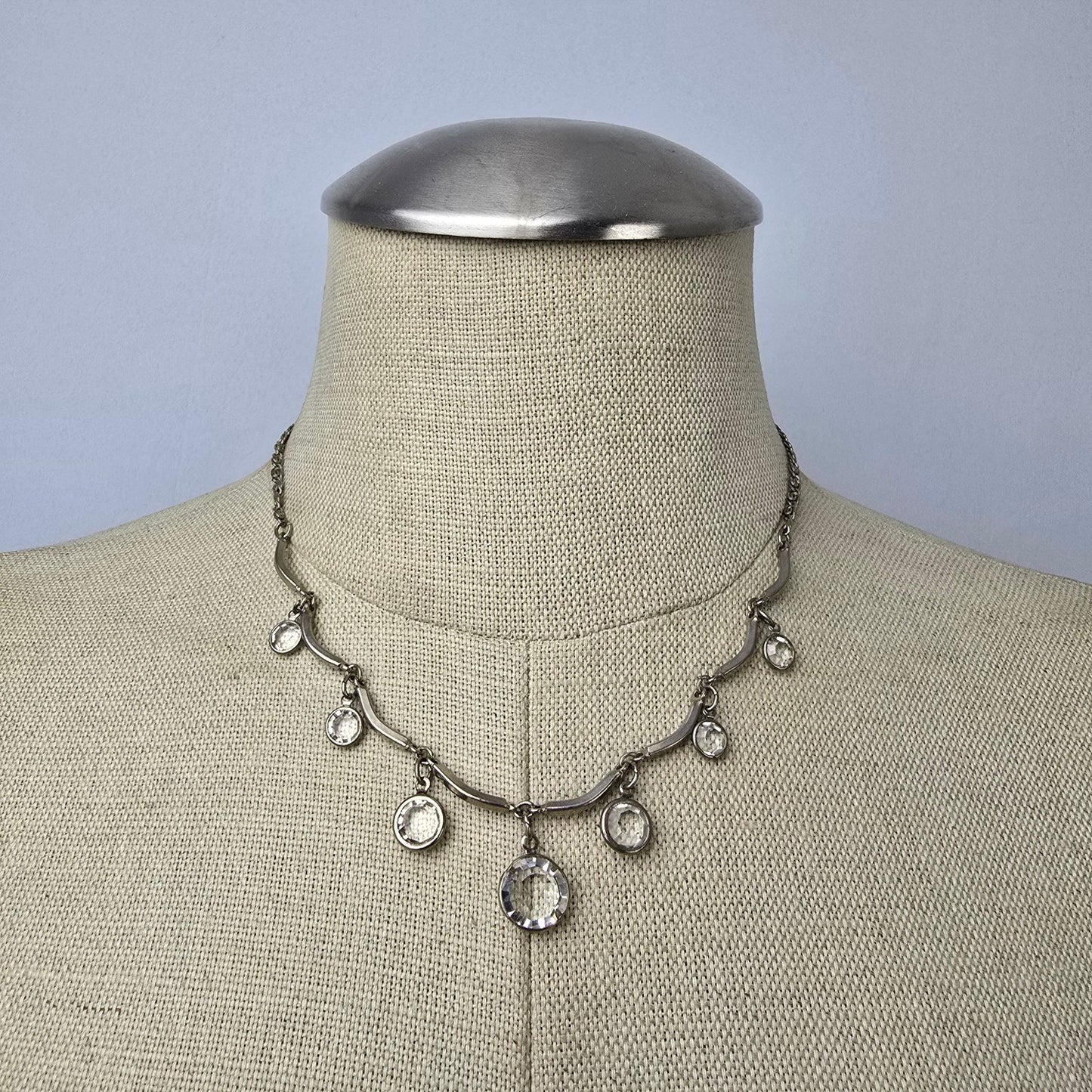 Vintage Silver Tone Bezel Set Crystal Chandelier Necklace