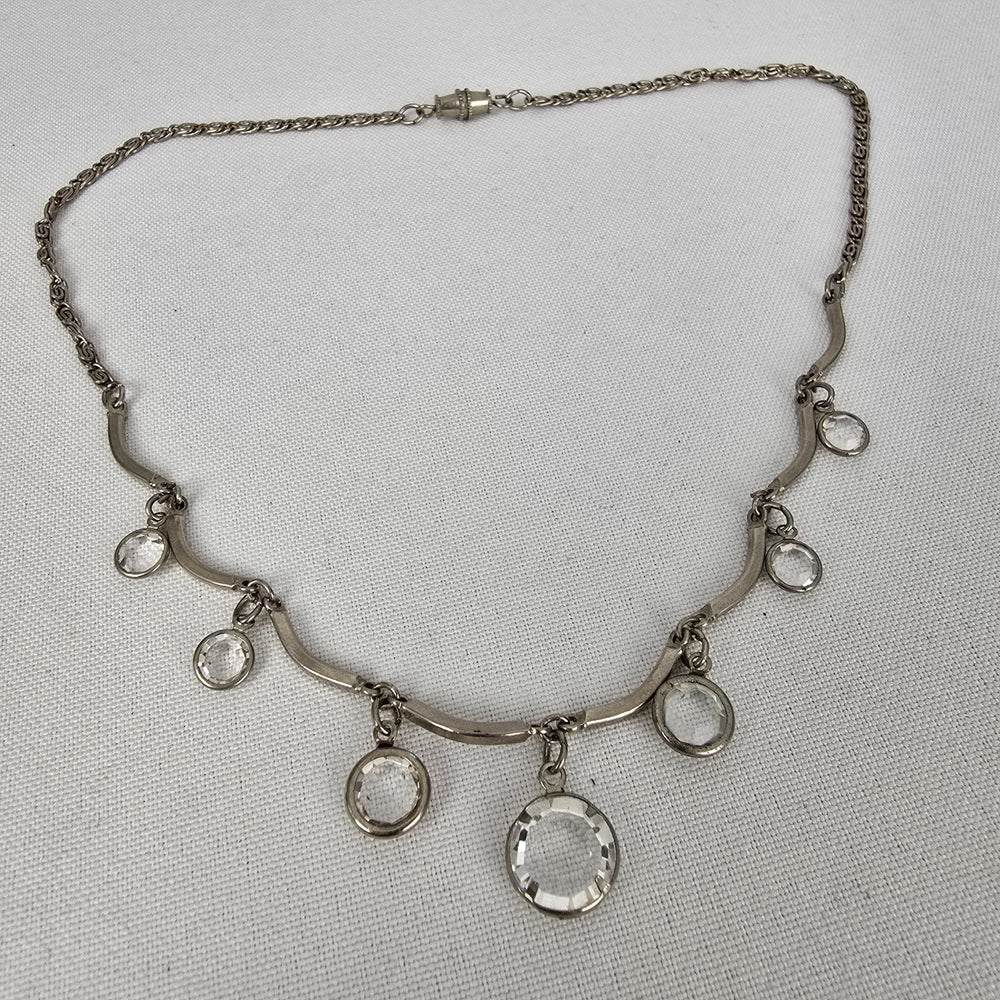 Vintage Silver Tone Bezel Set Crystal Chandelier Necklace