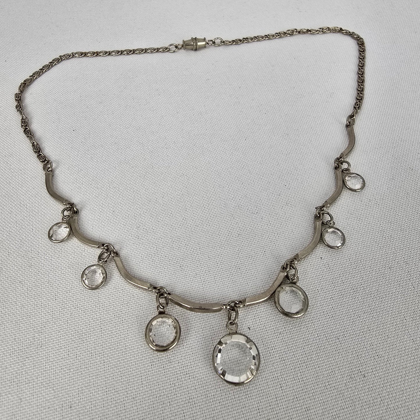 Vintage Silver Tone Bezel Set Crystal Chandelier Necklace