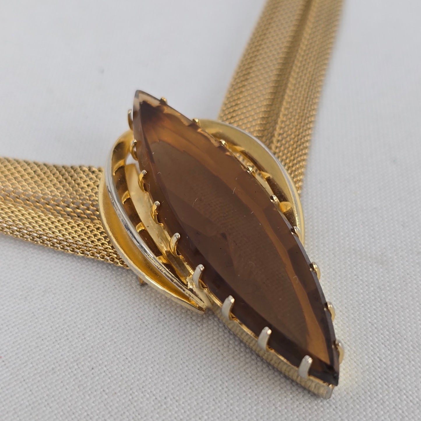 Vintage Gold Tone Brown Stone Statement Necklace & Clip On Earrings Set