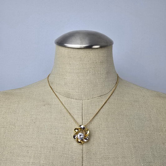 FAC Gold Tone Flower Crystal Stud Pendant Necklace