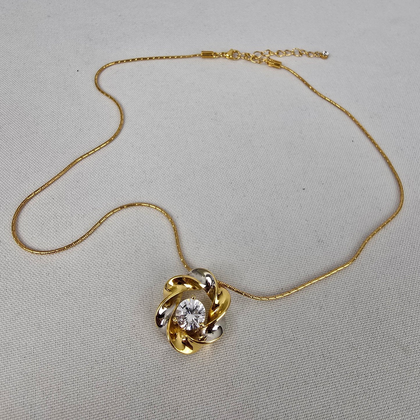 FAC Gold Tone Flower Crystal Stud Pendant Necklace