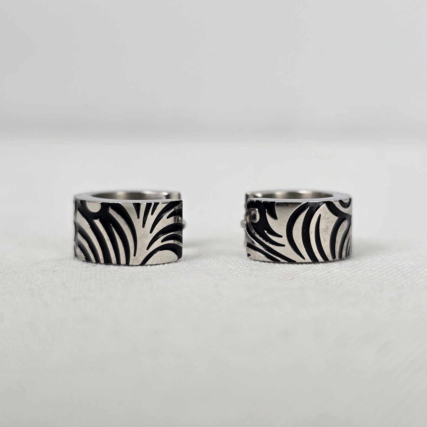 Silver Tone Black Etched Hoop Earrings