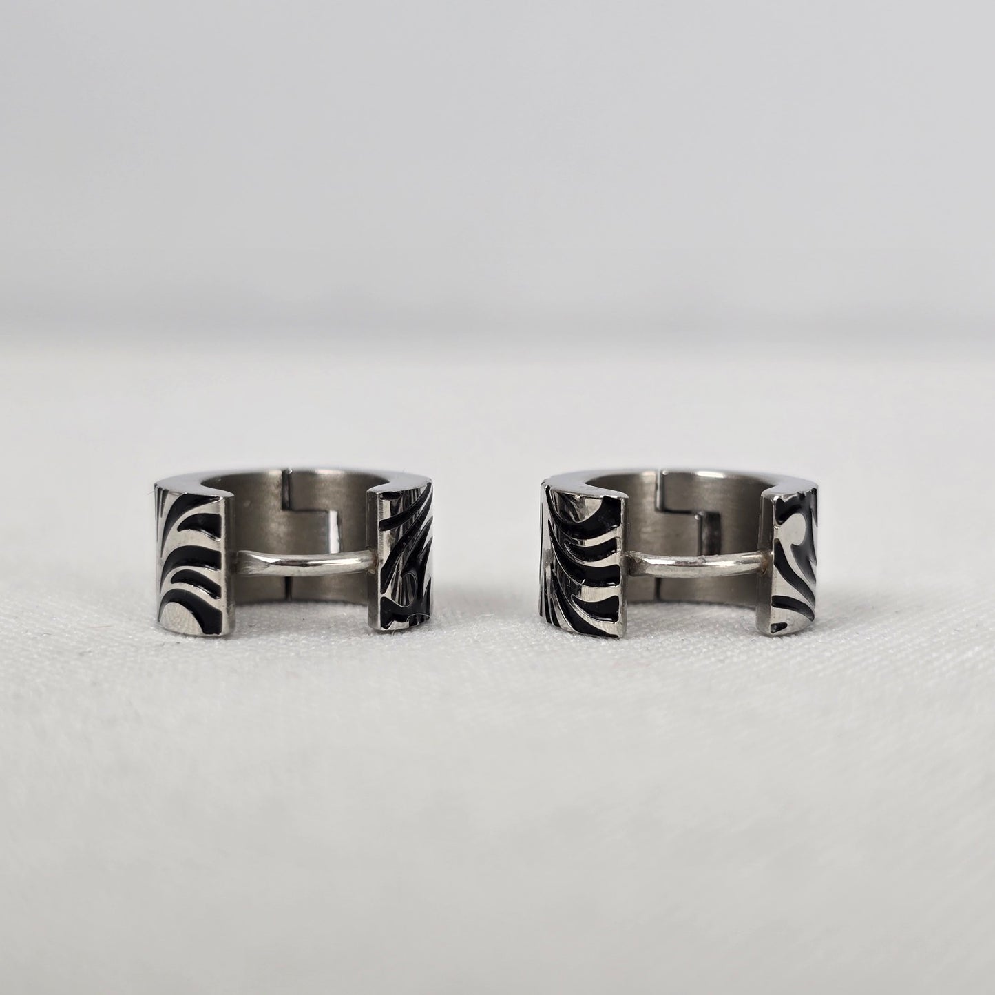 Silver Tone Black Etched Hoop Earrings