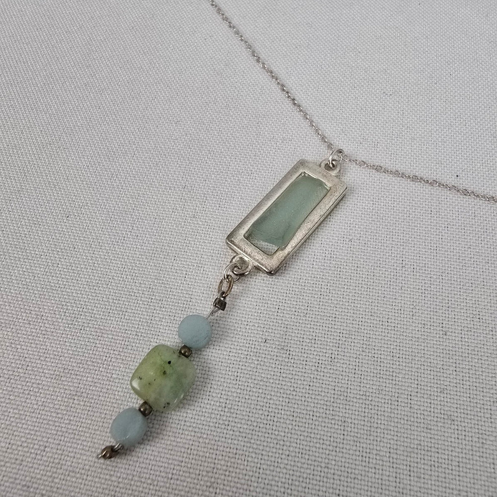 925 Sterling Sea Glass Pendant Beaded Chain Necklace