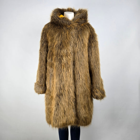 Retro Brown Faux Fur Hooded Jacket Size XL