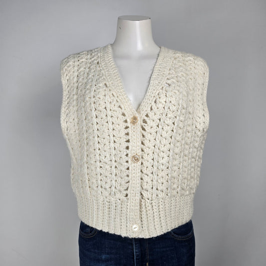 Handmade Knit White Button Up Sweater Vest Size L