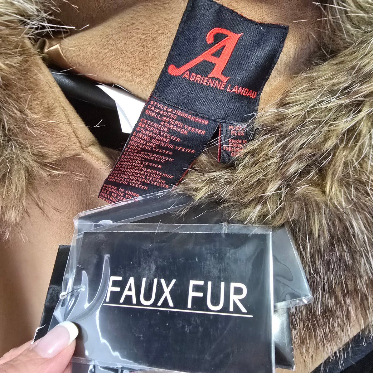 Adrienne Landau Brown Cape Faux Fur Trimmed Jacket Size XL