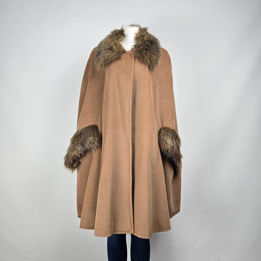 Adrienne Landau Brown Cape Faux Fur Trimmed Jacket Size XL