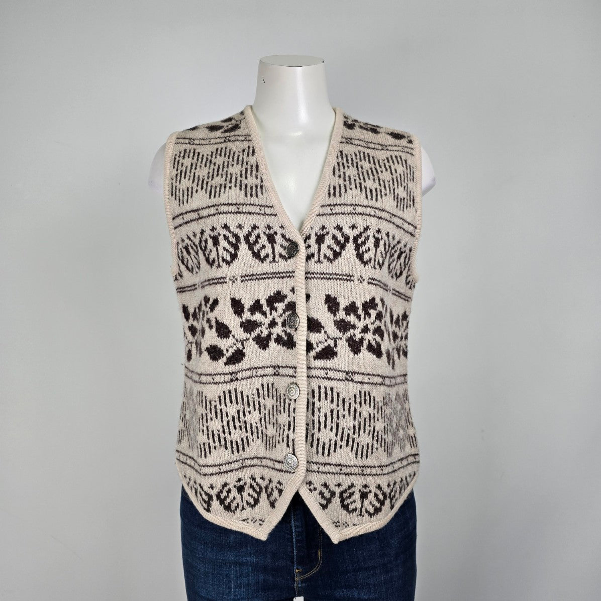 Vintage Wondra Wool Knit Cream & Black Button Up Sweater Vest Size M