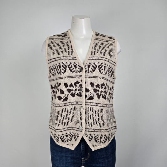 Vintage Wondra Wool Knit Cream & Black Button Up Sweater Vest Size M