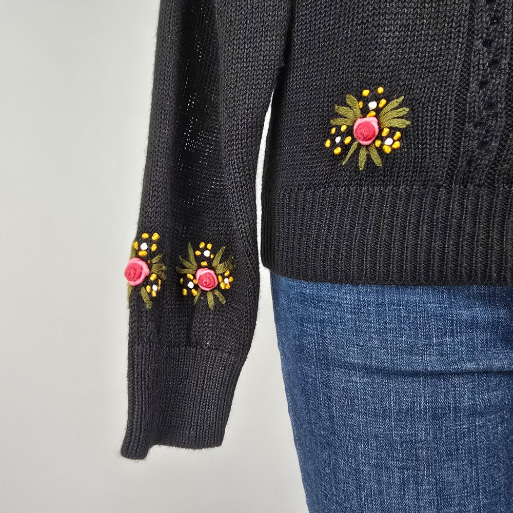 Vintage Fair Set Black Floral Button Up Cardigan Size S