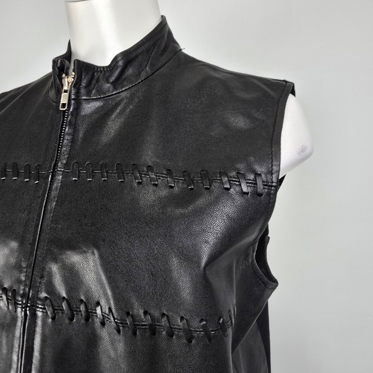 Nygard Black Leather & Silk Knit Zip Up Vest Size L