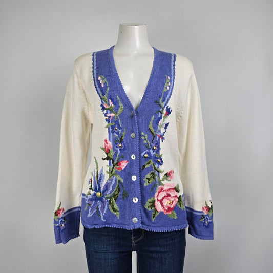 Vintage Susan Bristol Blue & White Floral Knit Button Up Cardigan Size S