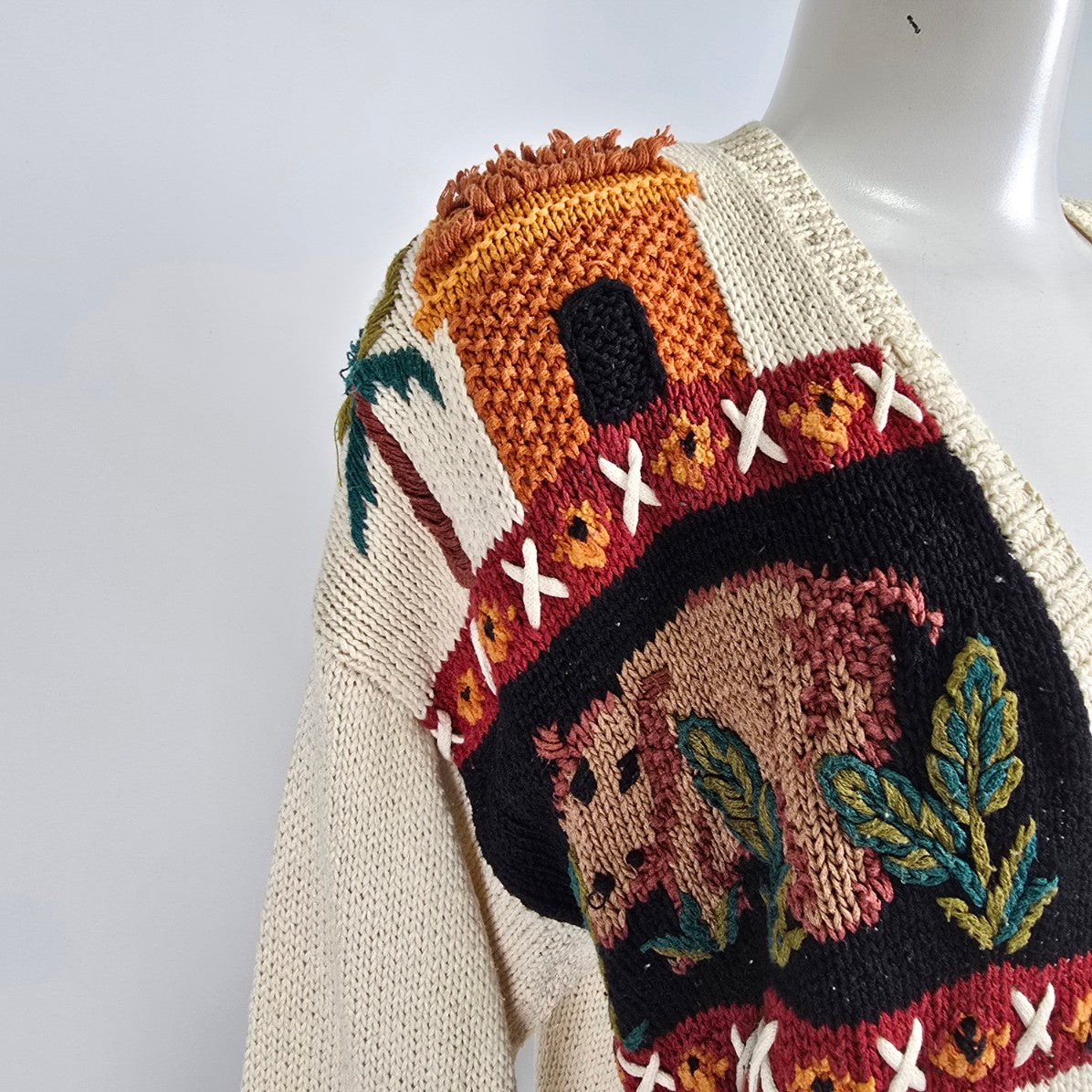 Vintage Marisa Christina Safari Cream Cotton Knit Cardigan Sweater Size XL