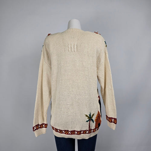 Vintage Marisa Christina Safari Cream Cotton Knit Cardigan Sweater Size XL