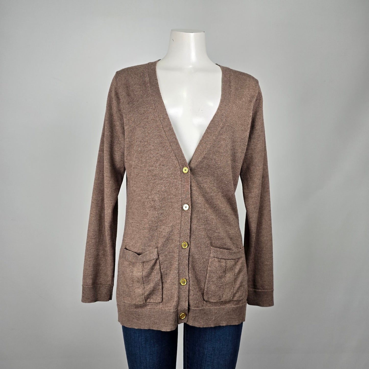 Brown Knit Gold Button Up Cardigan Size L