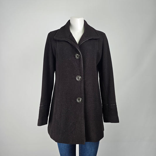 Brown Wool Faux Leather Trimmed Button Up Pea Coat Size L