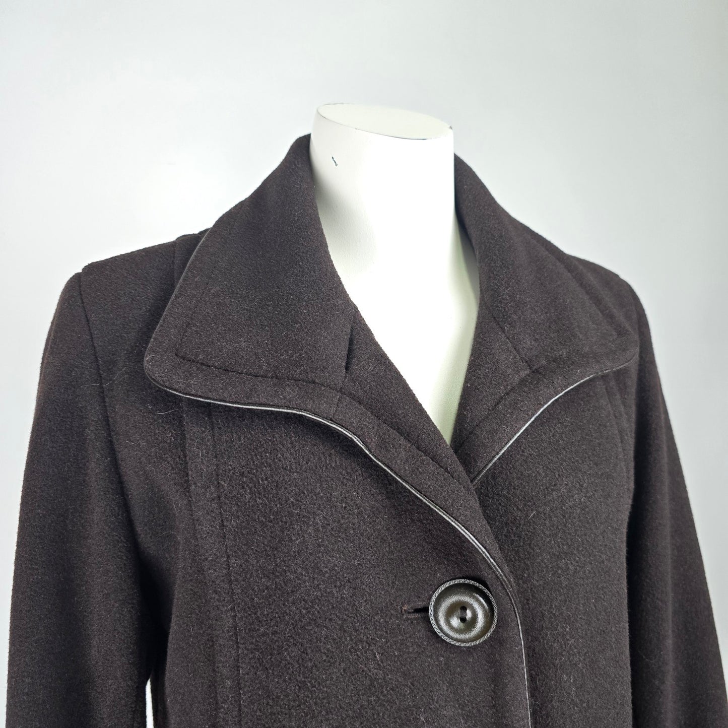 Brown Wool Faux Leather Trimmed Button Up Pea Coat Size L
