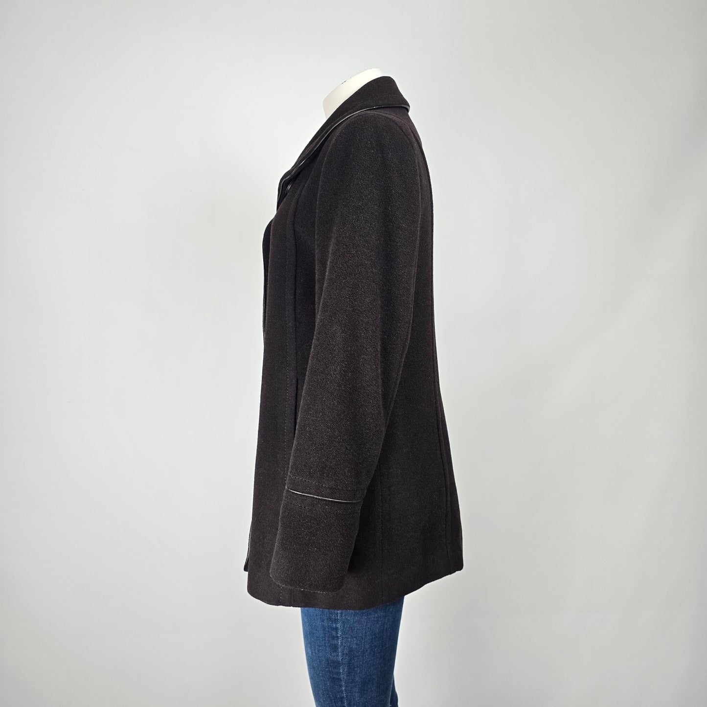Brown Wool Faux Leather Trimmed Button Up Pea Coat Size L