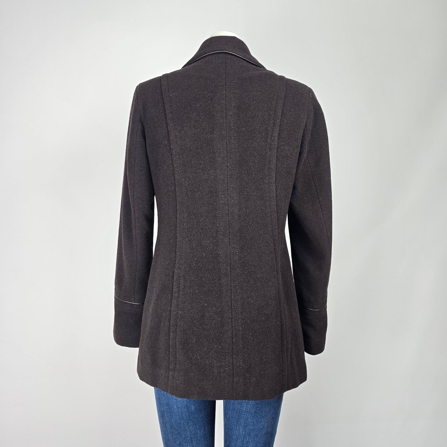Brown Wool Faux Leather Trimmed Button Up Pea Coat Size L