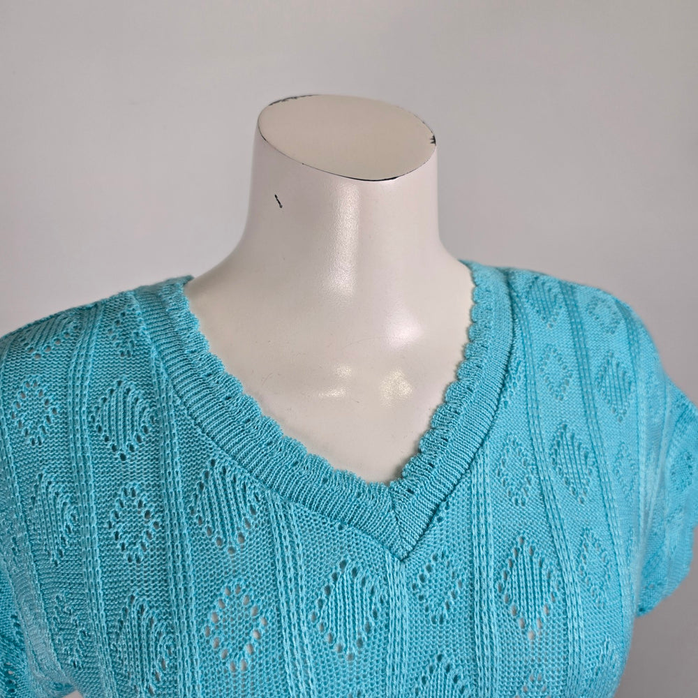 Vintage Blue Knit V-Neck Short Sleeve Sweater Size S/M