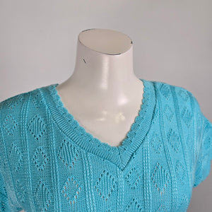 Vintage Blue Knit V-Neck Short Sleeve Sweater Size S/M