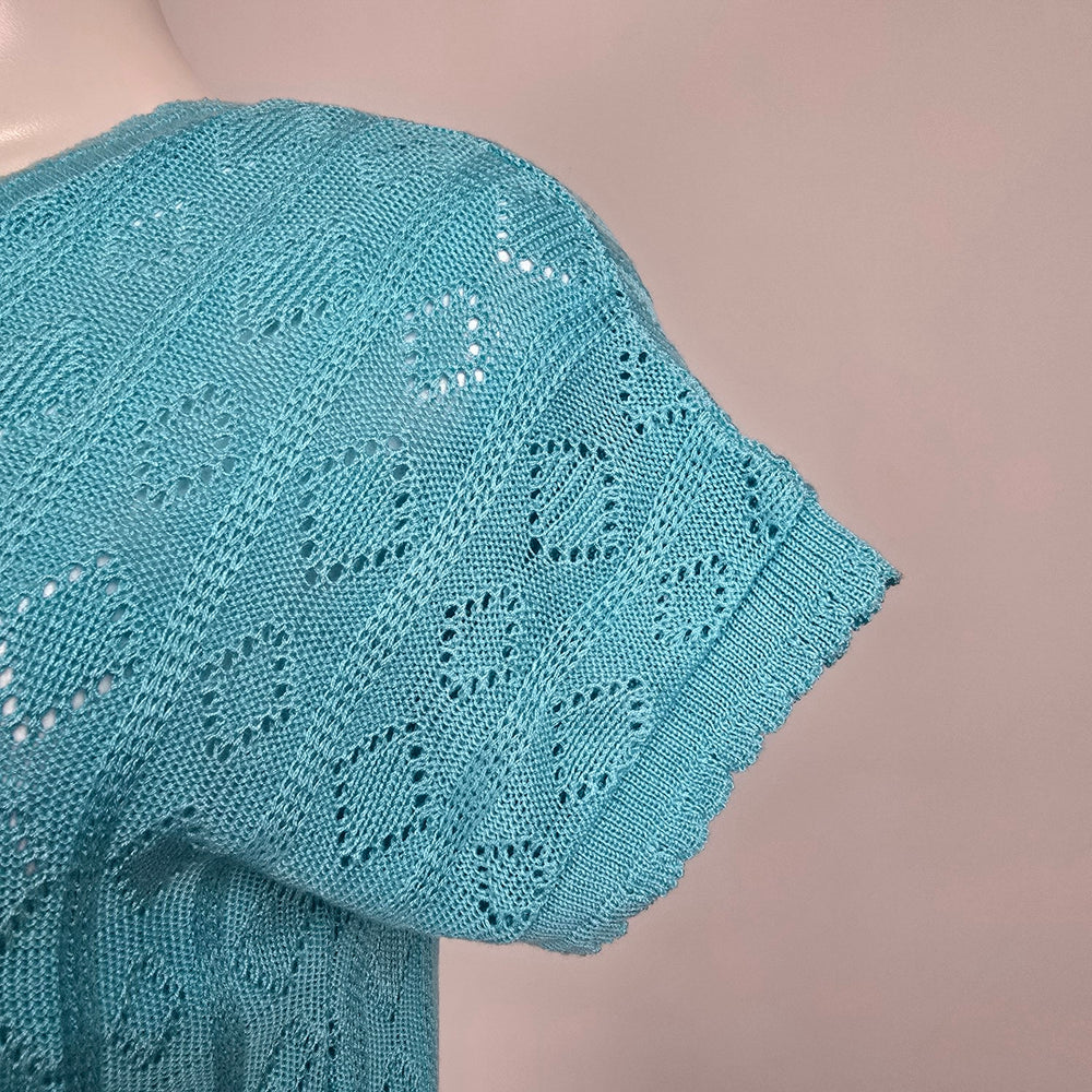 Vintage Blue Knit V-Neck Short Sleeve Sweater Size S/M