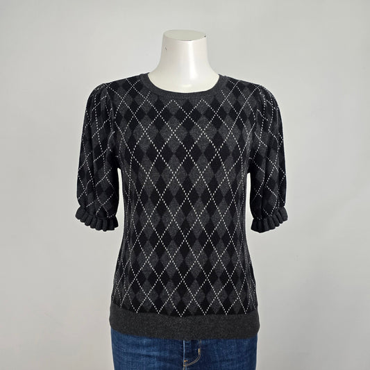Kaily K Black Argyle Print Knit Frill Sleeve Sweater Size M