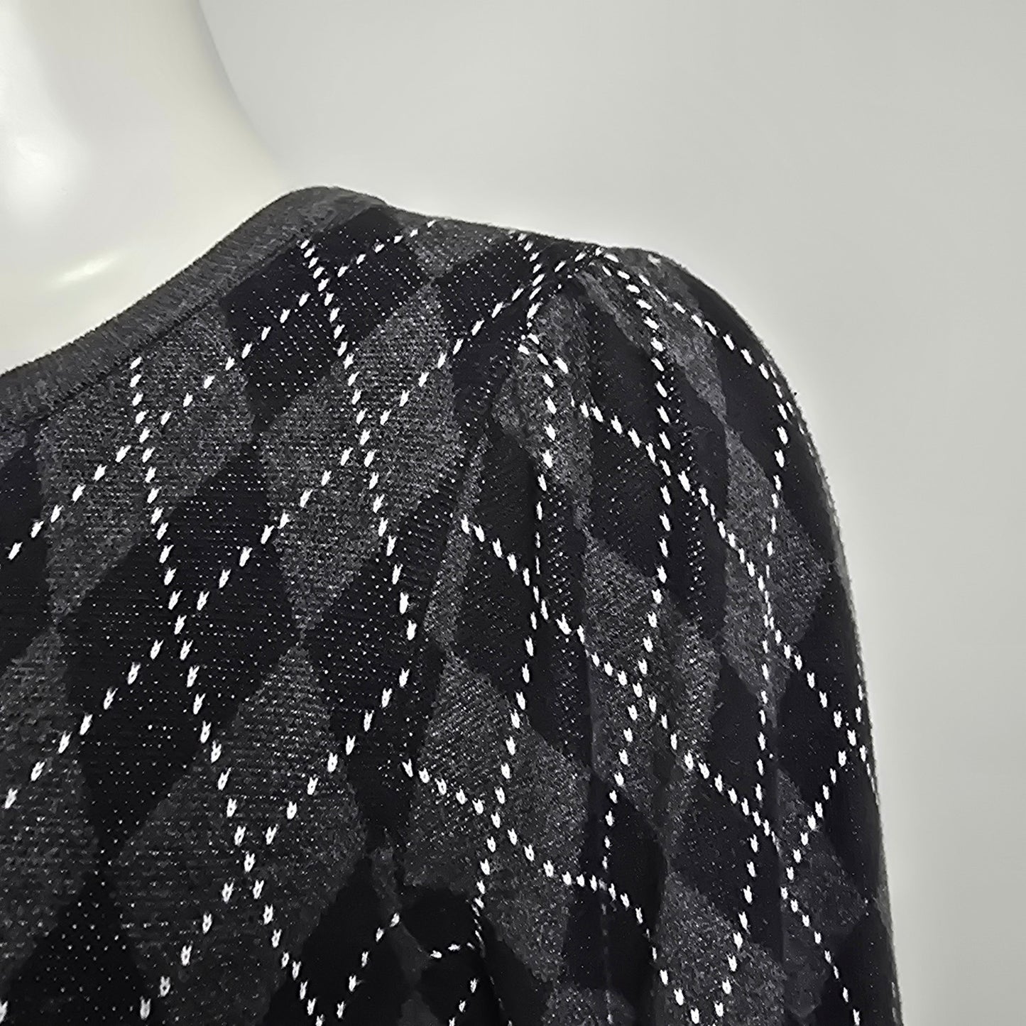 Kaily K Black Argyle Print Knit Frill Sleeve Sweater Size M