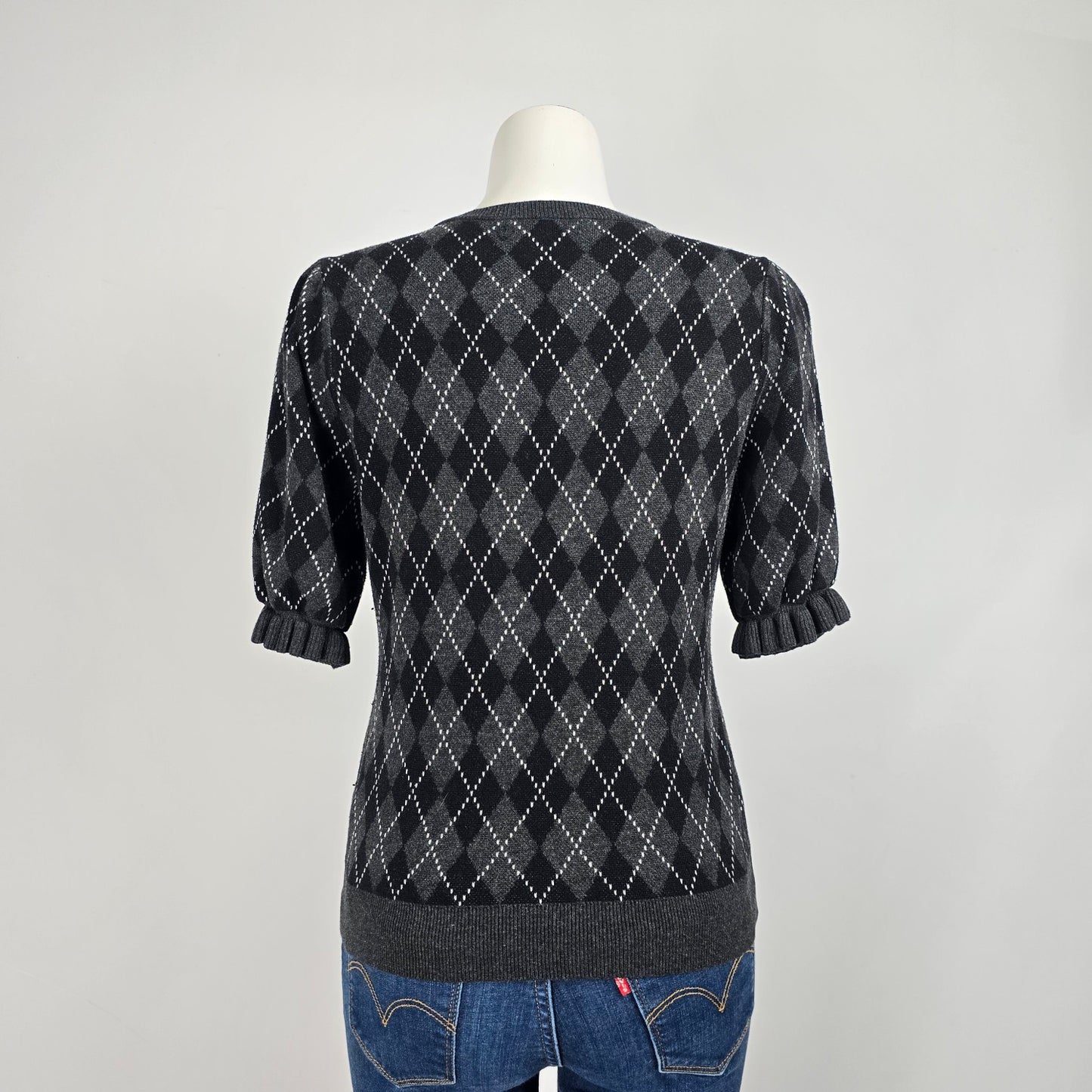Kaily K Black Argyle Print Knit Frill Sleeve Sweater Size M