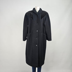 Vintage Black Wool Velvet Detail Button Up Pea Coat Size XL