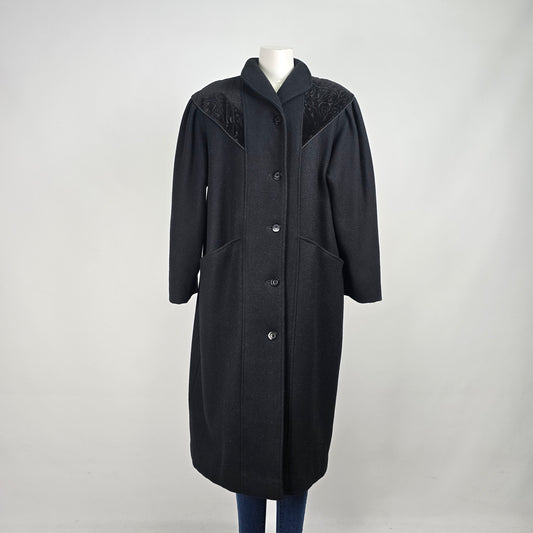 Vintage Black Wool Velvet Detail Button Up Pea Coat Size XL