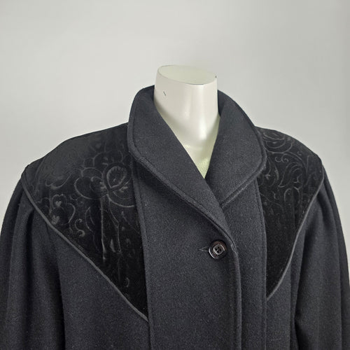 Vintage Black Wool Velvet Detail Button Up Pea Coat Size XL