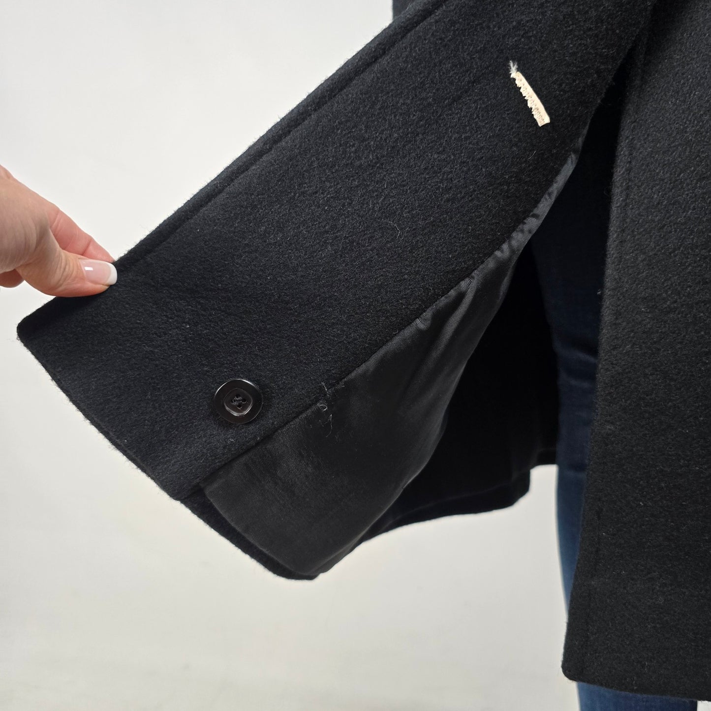 Vintage Black Wool Velvet Detail Button Up Pea Coat Size XL
