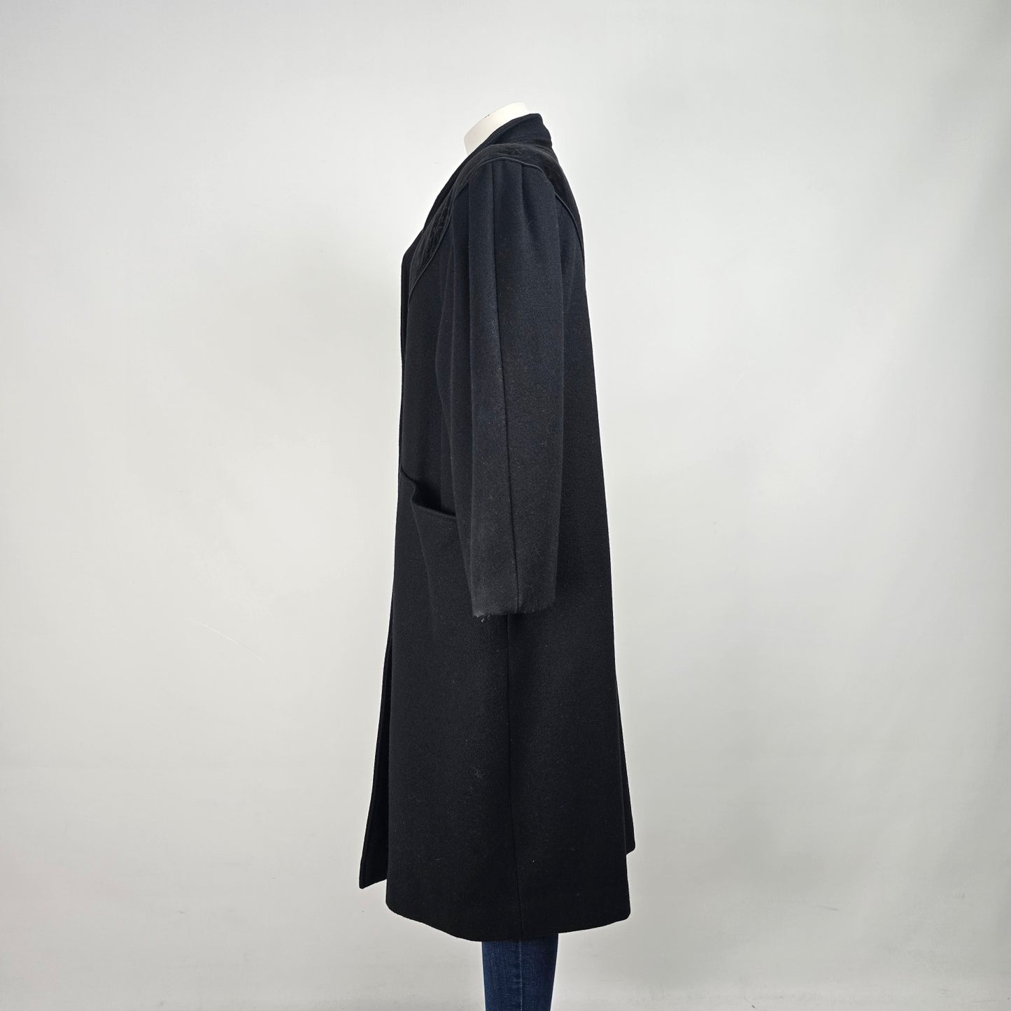 Vintage Black Wool Velvet Detail Button Up Pea Coat Size XL