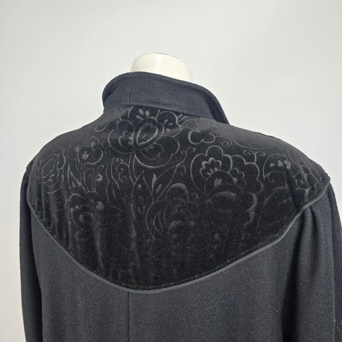 Vintage Black Wool Velvet Detail Button Up Pea Coat Size XL