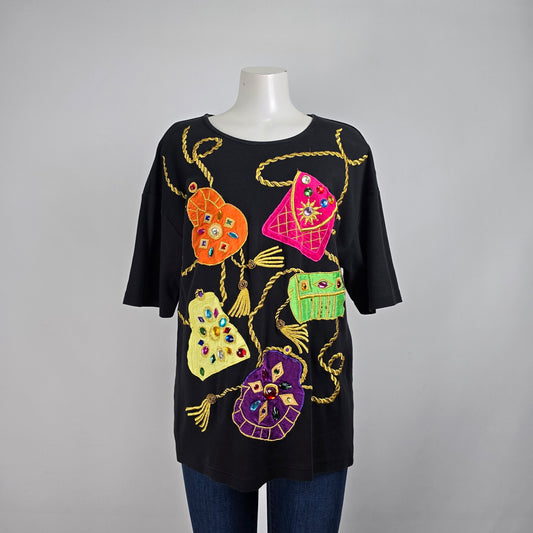 Vintage Valenti Gold Chain Embroidered Floral Purse Graphic Black T-shirt Size M/L