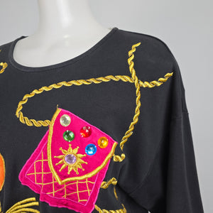 Vintage Valenti Gold Chain Embroidered Floral Purse Graphic Black T-shirt Size M/L
