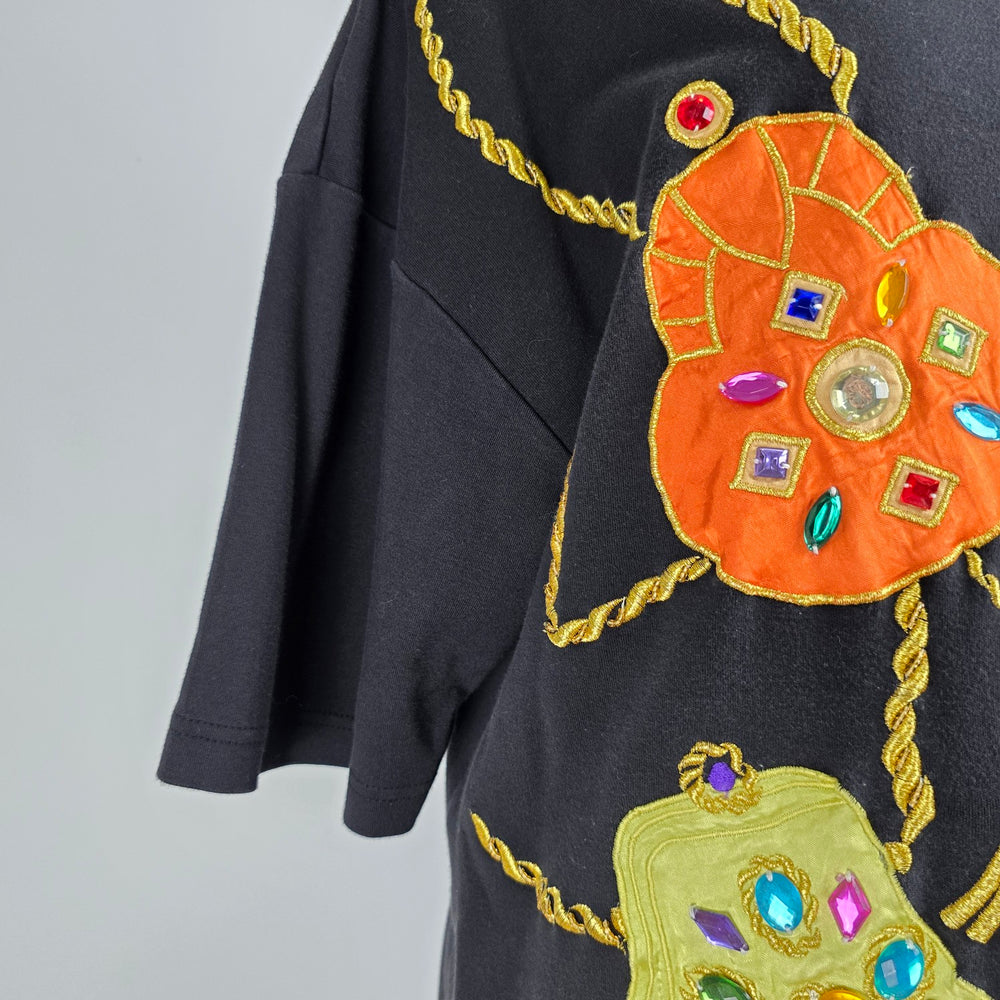 Vintage Valenti Gold Chain Embroidered Floral Purse Graphic Black T-shirt Size M/L