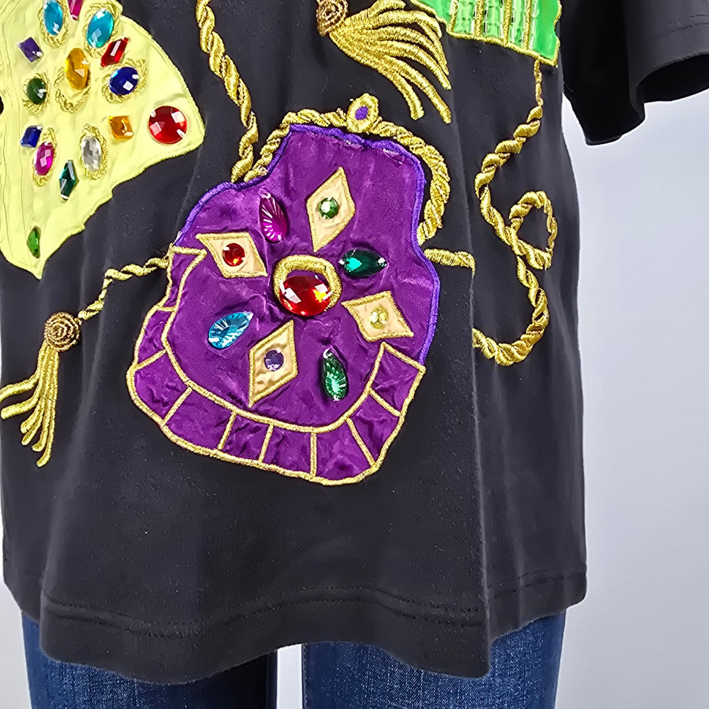 Vintage Valenti Gold Chain Embroidered Floral Purse Graphic Black T-shirt Size M/L