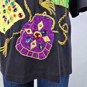 Vintage Valenti Gold Chain Embroidered Floral Purse Graphic Black T-shirt Size M/L