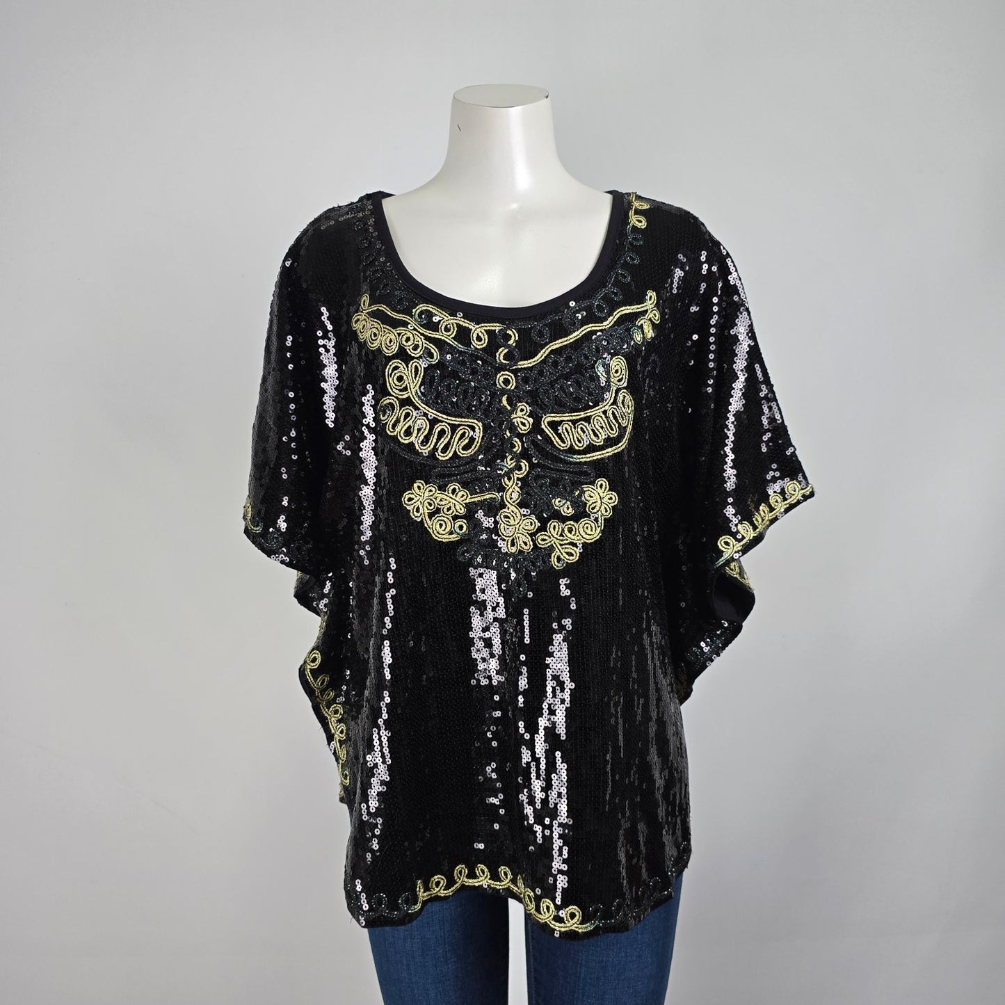 Vintage Once 1 Again Black & Gold Sequined Poncho Top Size 1X