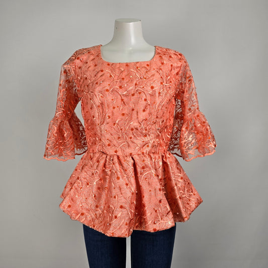 Vintage Handmade Peach Lace Peplum Blouse Size M/L